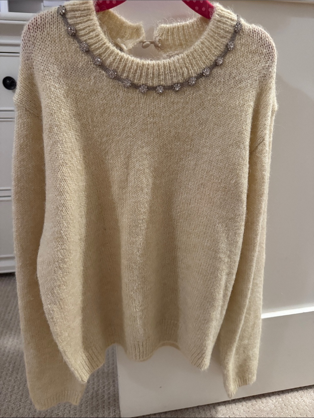 Zara Cream Knit Sweater with Rhinestone Neckline